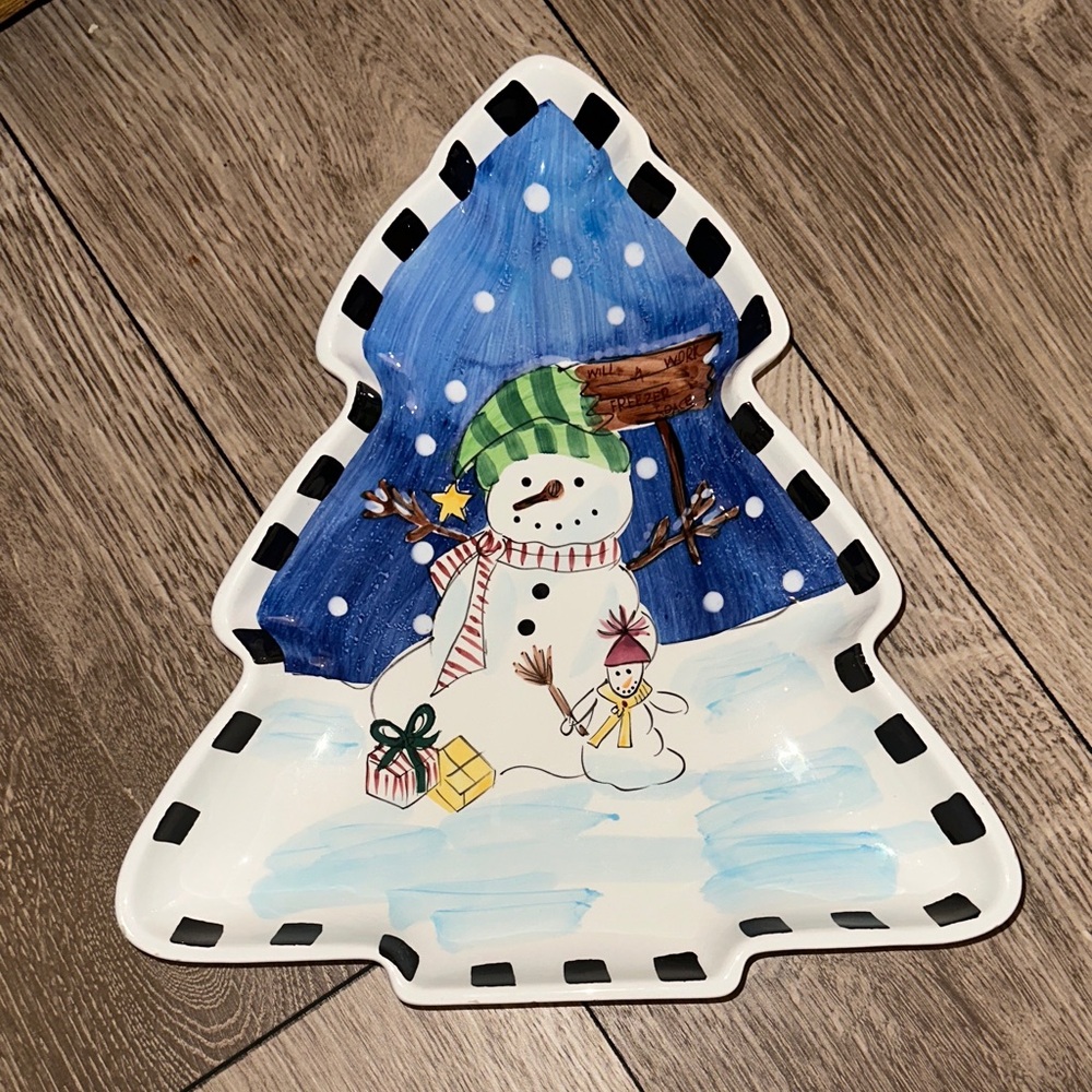 Festive Snowman Tree-Shaped Holiday Plate